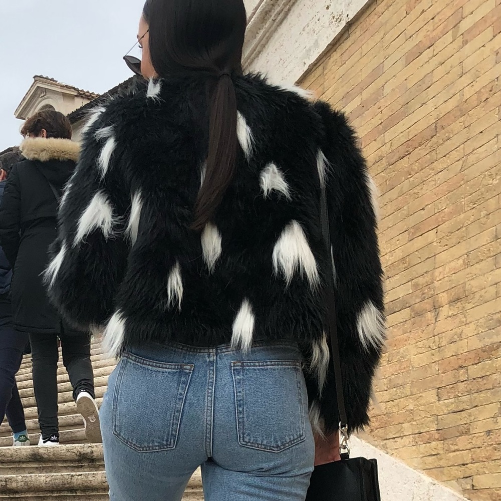 Faux Fur Black and White Polka Dot Coat in Medium